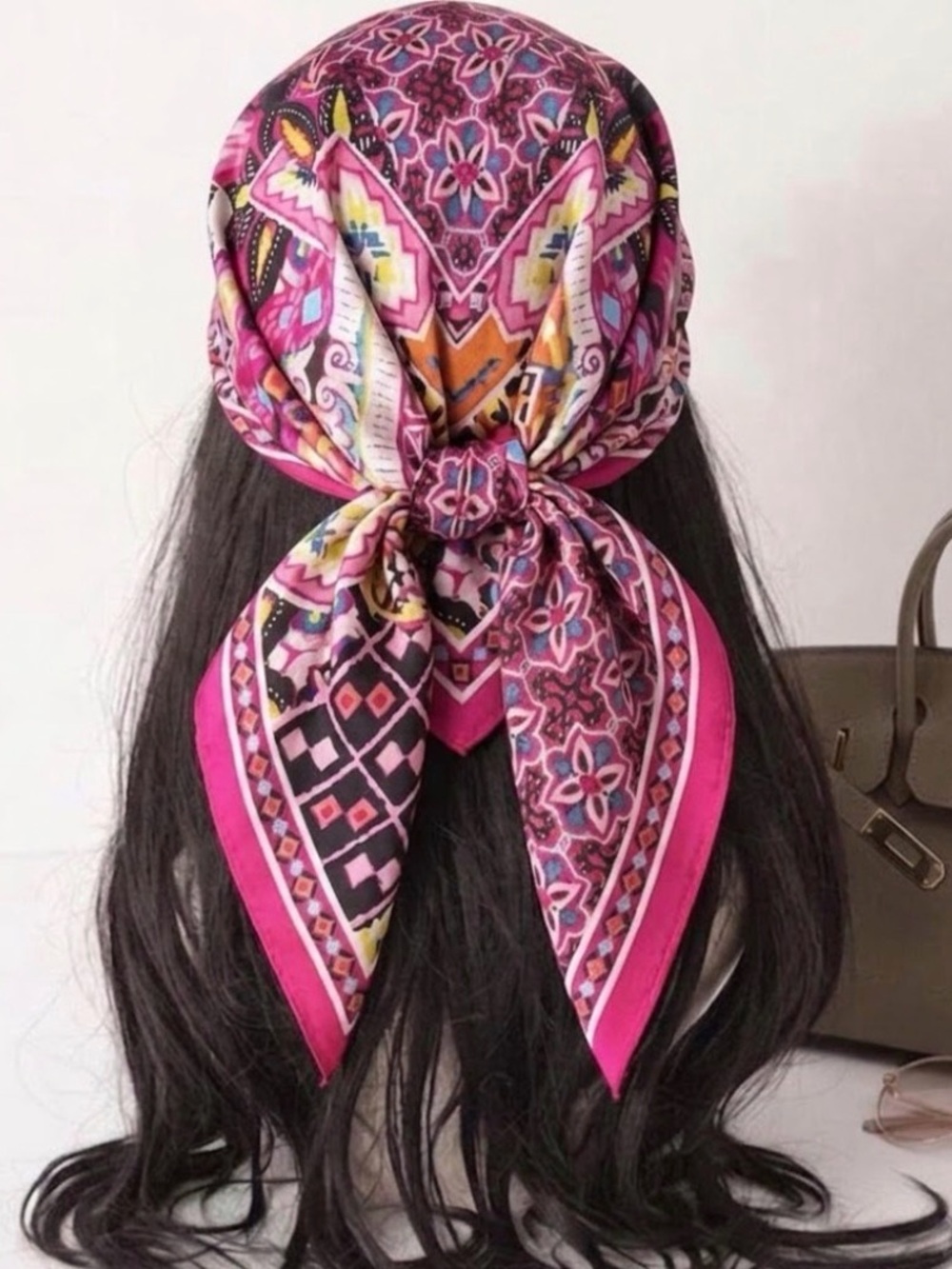 Pink Patterned Silky Scarf Headwrap - Vibrant Boho Print